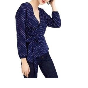 J Crew Womens Blouse Wrap Top Blue Navy Print Size XS Cuff Tied Foulard Draped